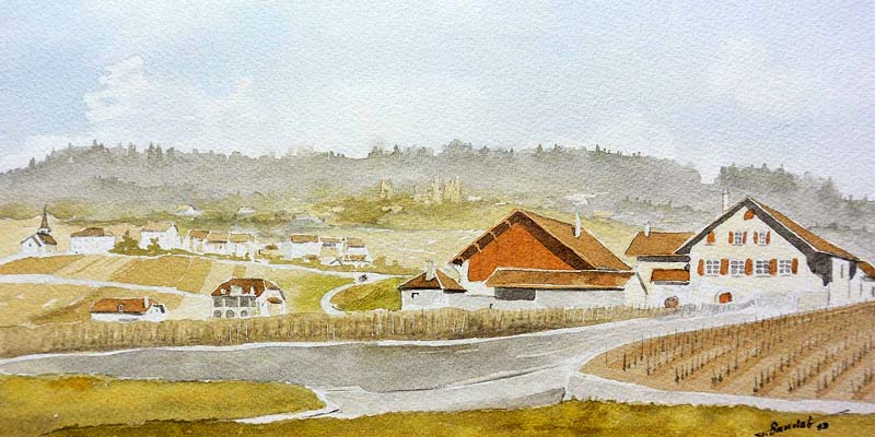 Aquarelle du peintre vaudois, Gérald Baudat, une illustration du Domaine du Martheray à Féchy